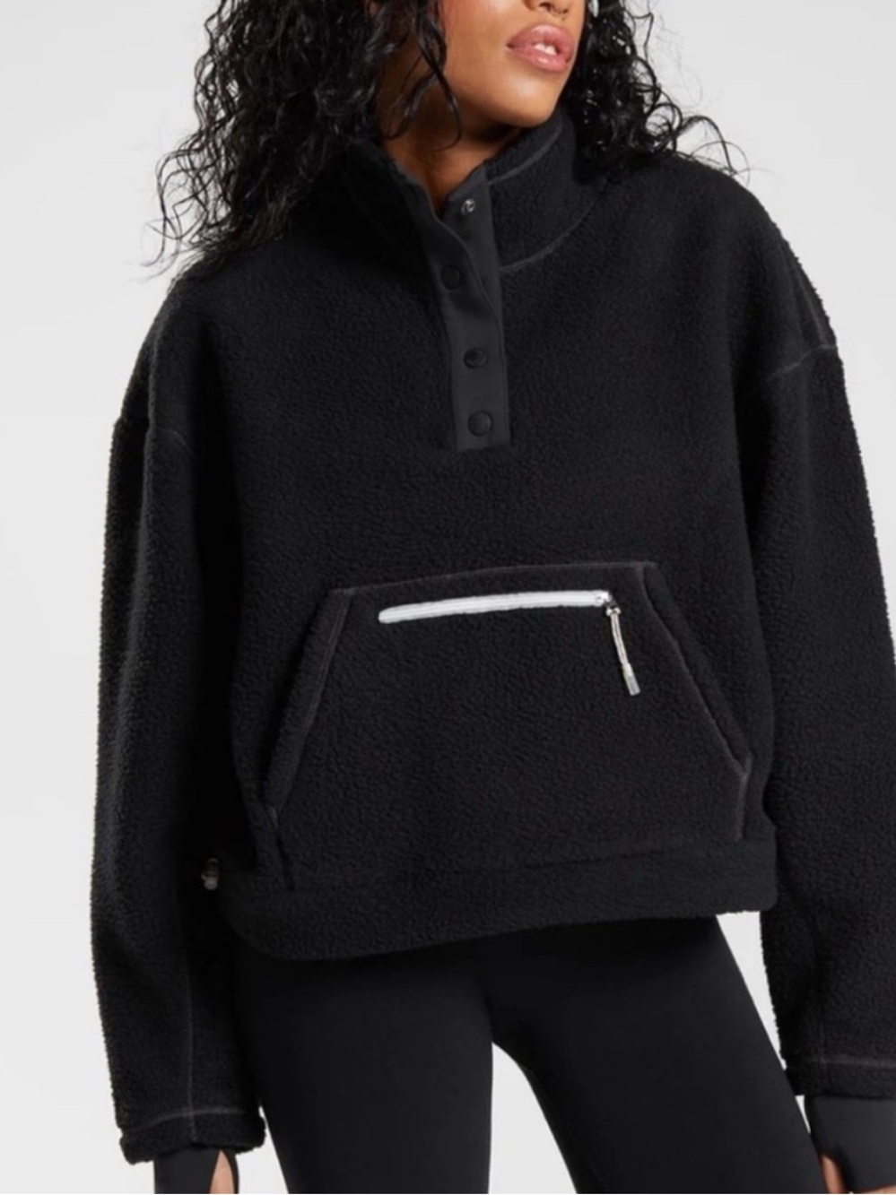 Gymshark Pause Borg Black Fleece Snap-Front Pullover - Size Medium